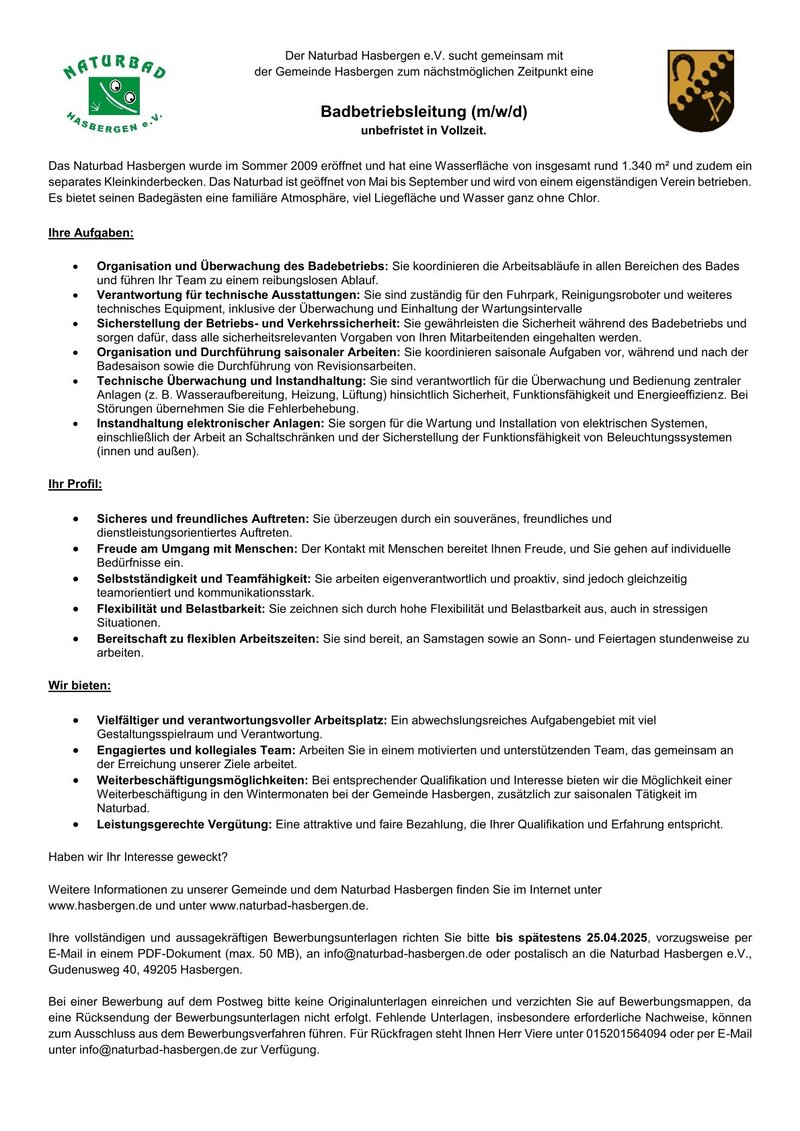 Stellenausschreibung Badbetriebsleitung